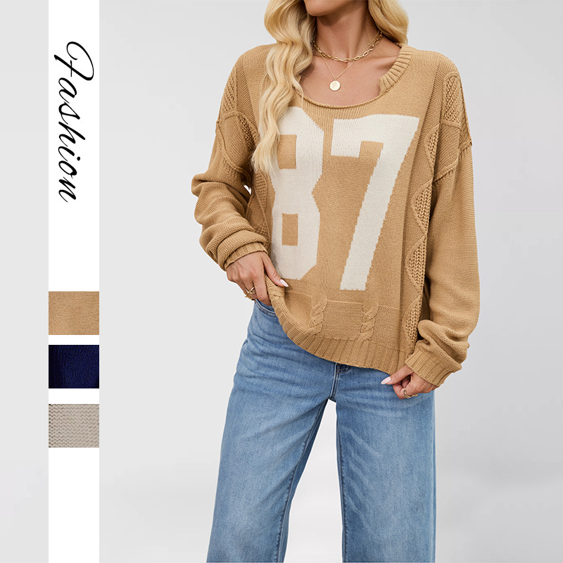 Women's Colorblock Knit Pullover Sweater Loose Long Sleeve Crew Neck