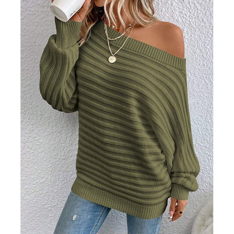 Women's Ribbed Boat Neck Batwing Sleeve Pullover Sweater