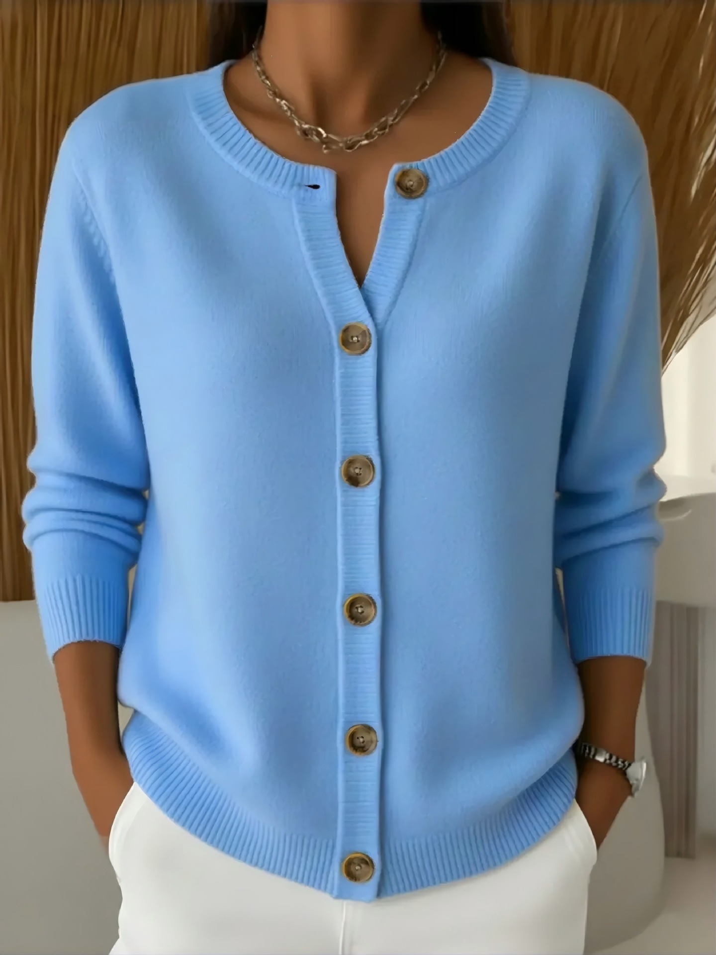 Women's Button-Up Knit Cardigan Crewneck Loose Fit Solid Color
