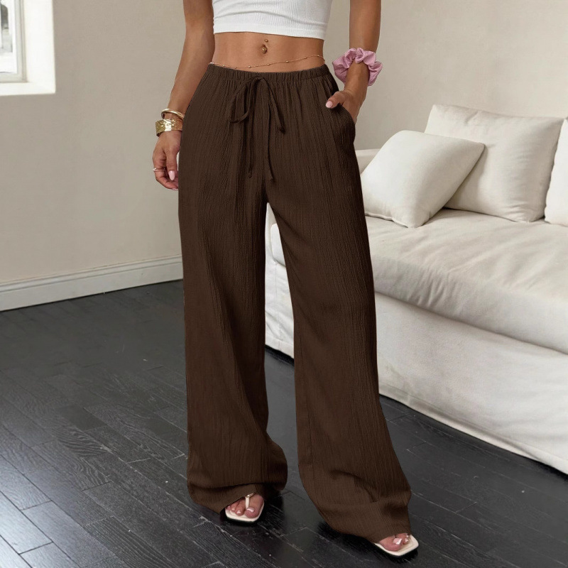 Women's Casual Textured Wide-Leg Pants with Tie Waist and Diagonal Pockets