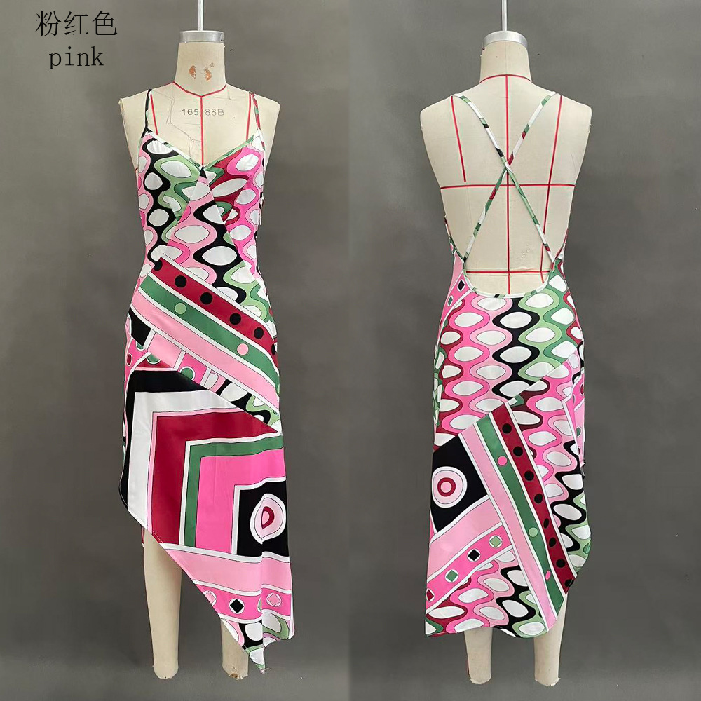 Women's Printed Backless Sleeveless Irregular Long Dress