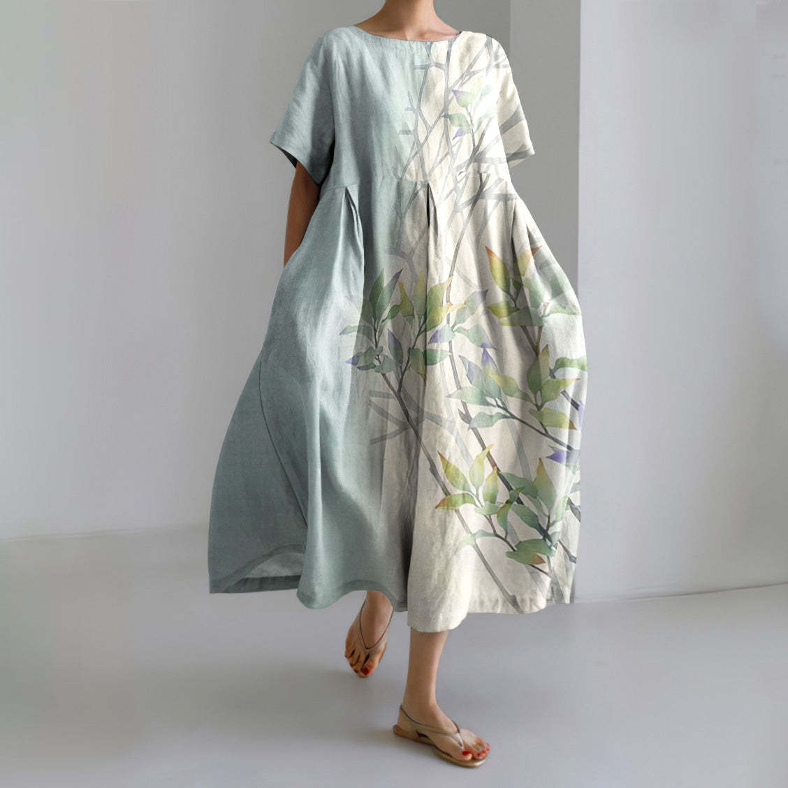 Women's Vintage Floral Print A-Line Midi Dress with U-Neck and Short Sleeves