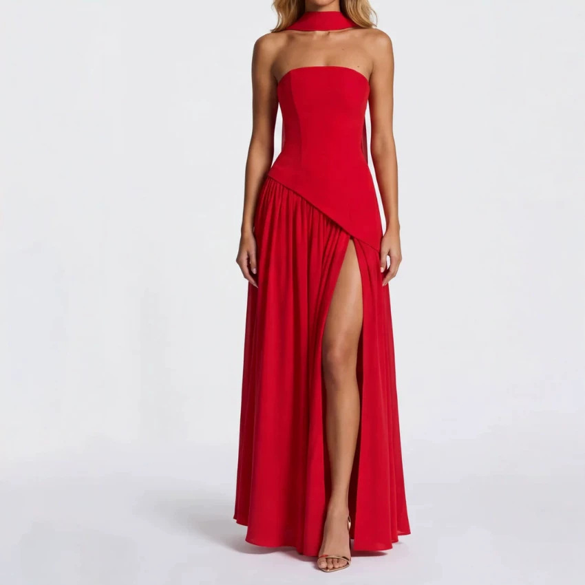 Women's Strapless Solid High Slit Backless Long Dress