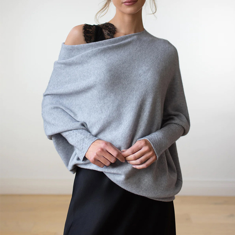 Solid Crewneck Long-Sleeve Knit Pullover Sweater with Ruched Detail