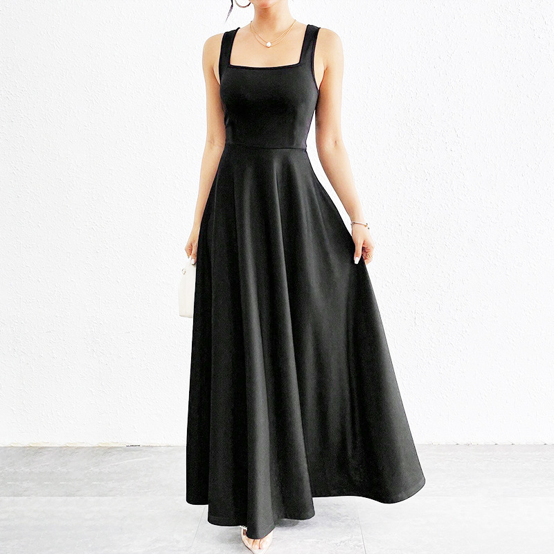 Women's Square-Neck Midi Dress with Wide Straps and Fitted Waist