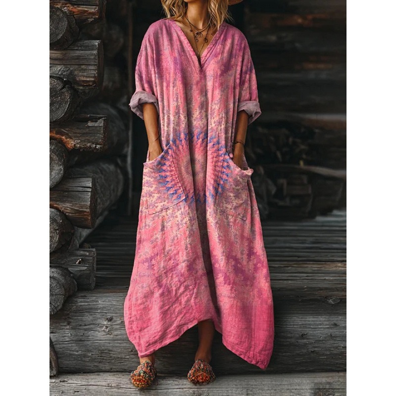 Women's Floral Ripple Print V-Neck A-Line Midi Dress Long Sleeve