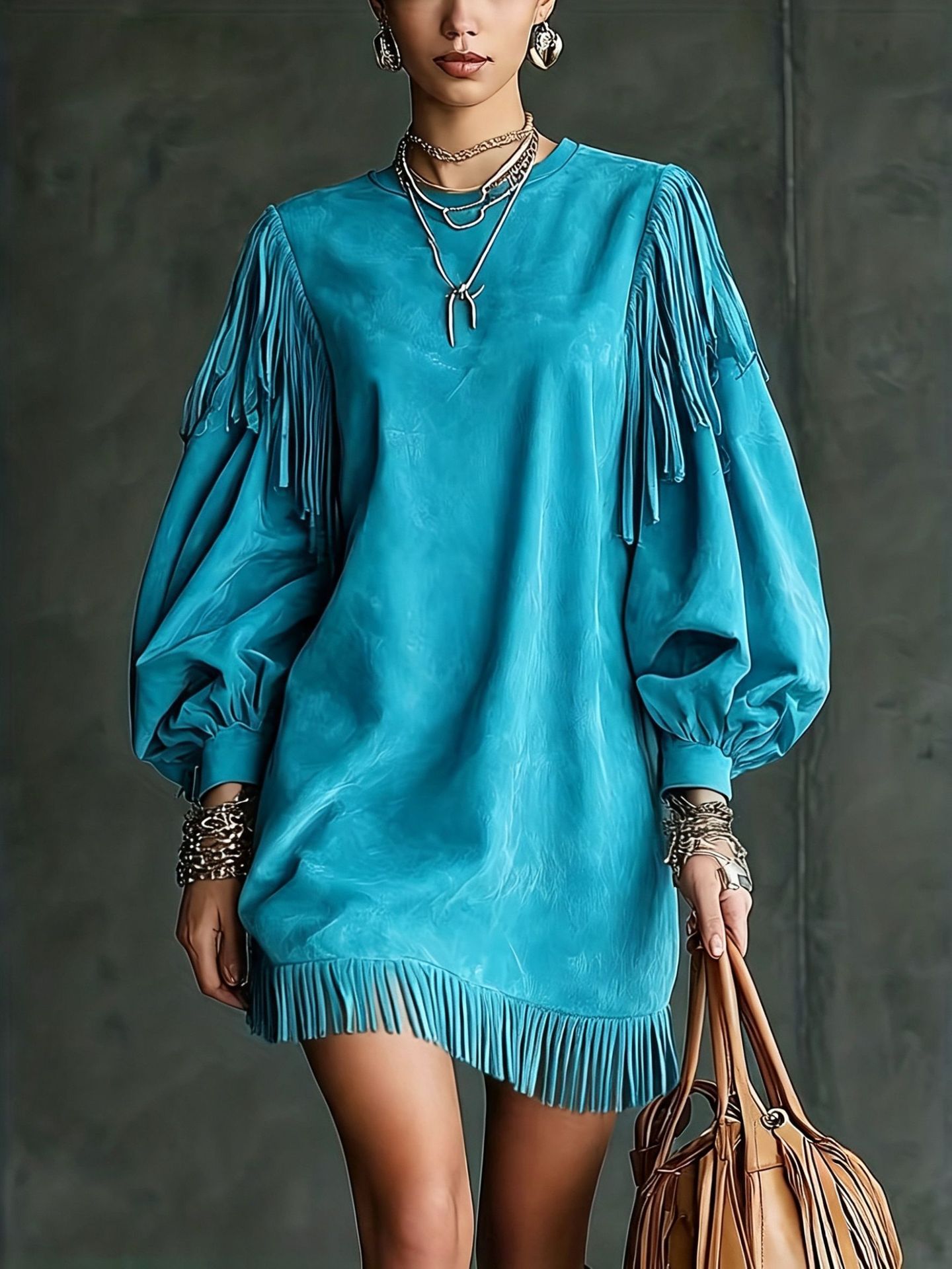Women's Tassel Lantern Sleeve Short Dress - Loose Fit, Round Neck, Polyester Blend