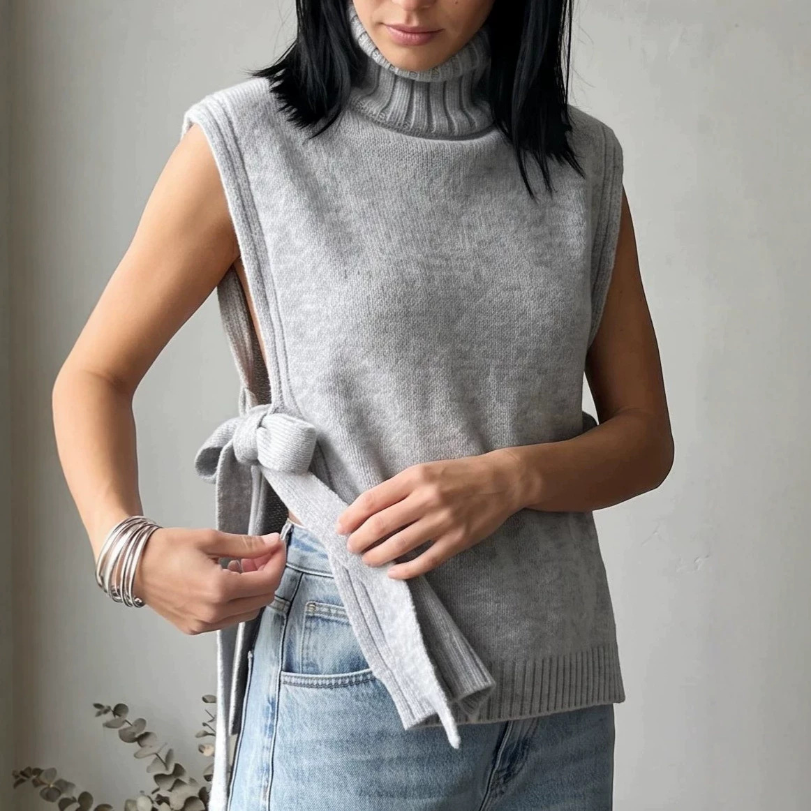Tie-Waist High-Neck Sleeveless Knit Vest Top