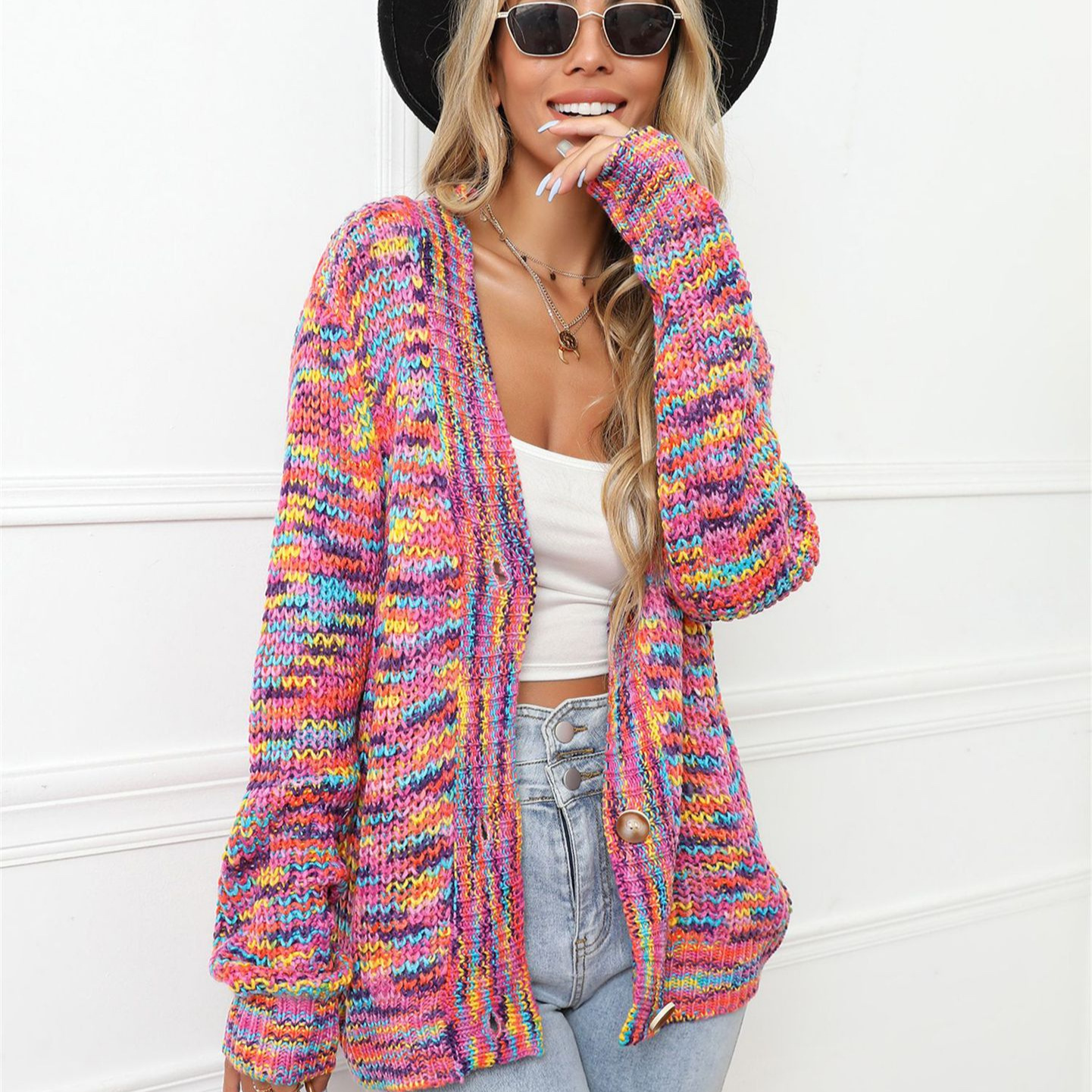 Rainbow Colorblock Short Cardigan Knit Button-Front Plus Size