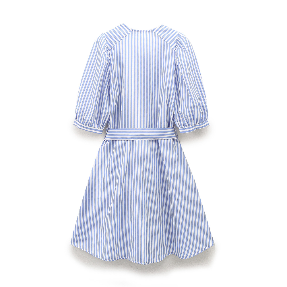 Striped Poplin Sleeveless A-Line Dress with U-Neck and High Waist