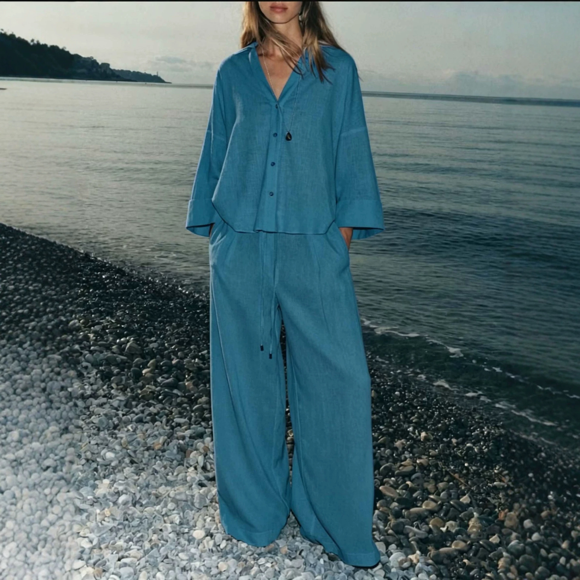 Women's Solid Color Shirt and Pants Set Casual Cotton Blend