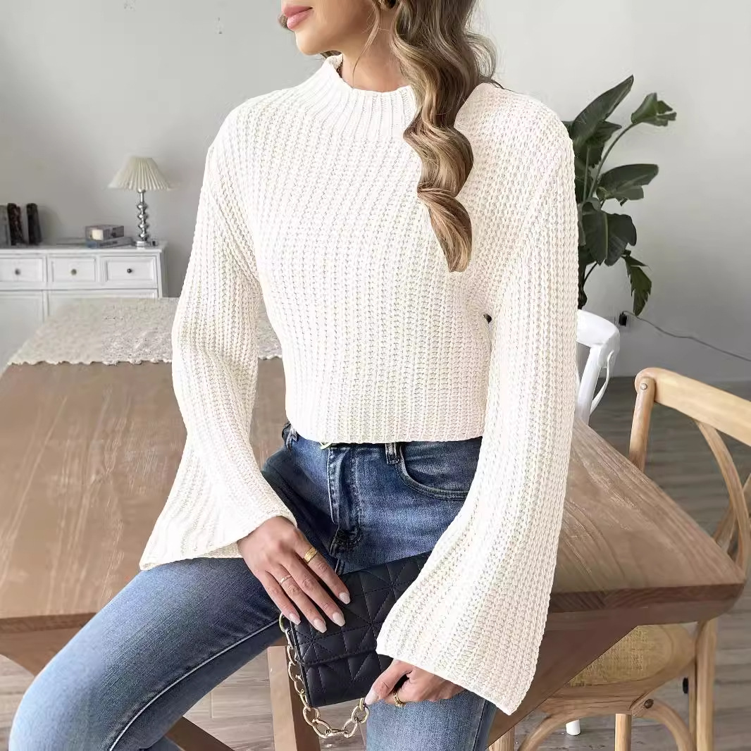 Women's Cropped Mock Neck Sweater with Bell Sleeves