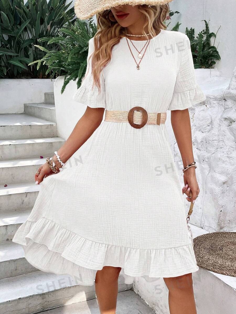 TUME Women's Casual Tie-Waist Short-Sleeve Midi Dress