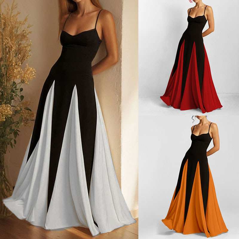 Elegant Color-Block Sleeveless Maxi Dress with V-Neck and Full Skirt