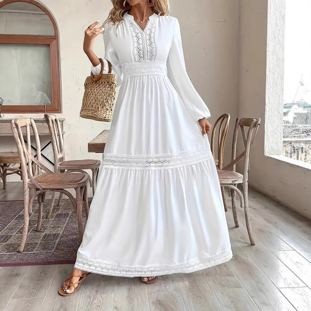 Elegant Lantern Sleeve Lace Cutout Maxi Dress with Full Skirt