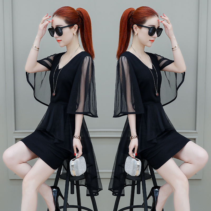 French Chiffon Dress Women's Summer V-Neck A-Line Midi Dress with Mesh Panels