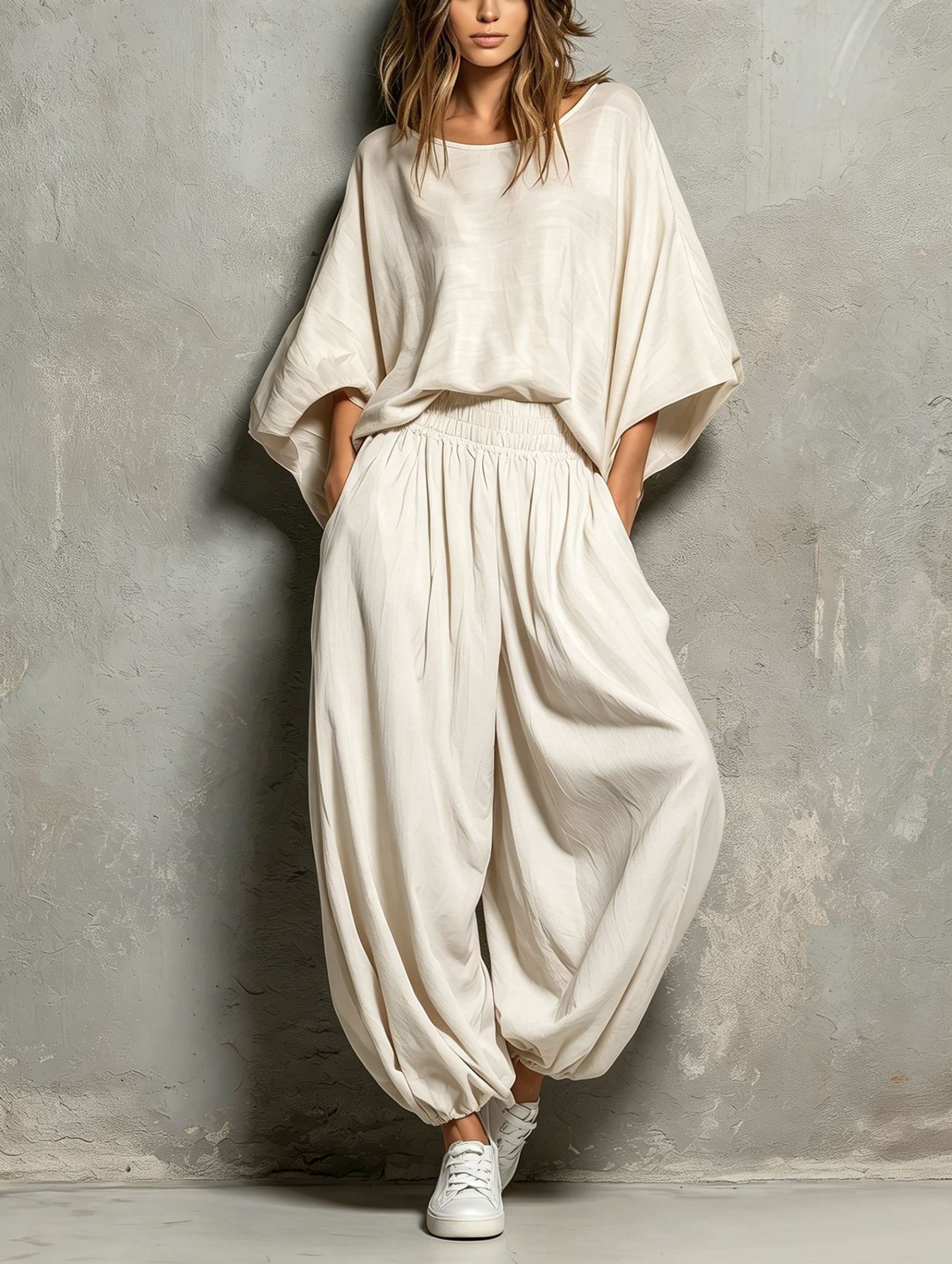 Women's Casual Crewneck Loose Top & Wide-Leg Pants Two-Piece Set