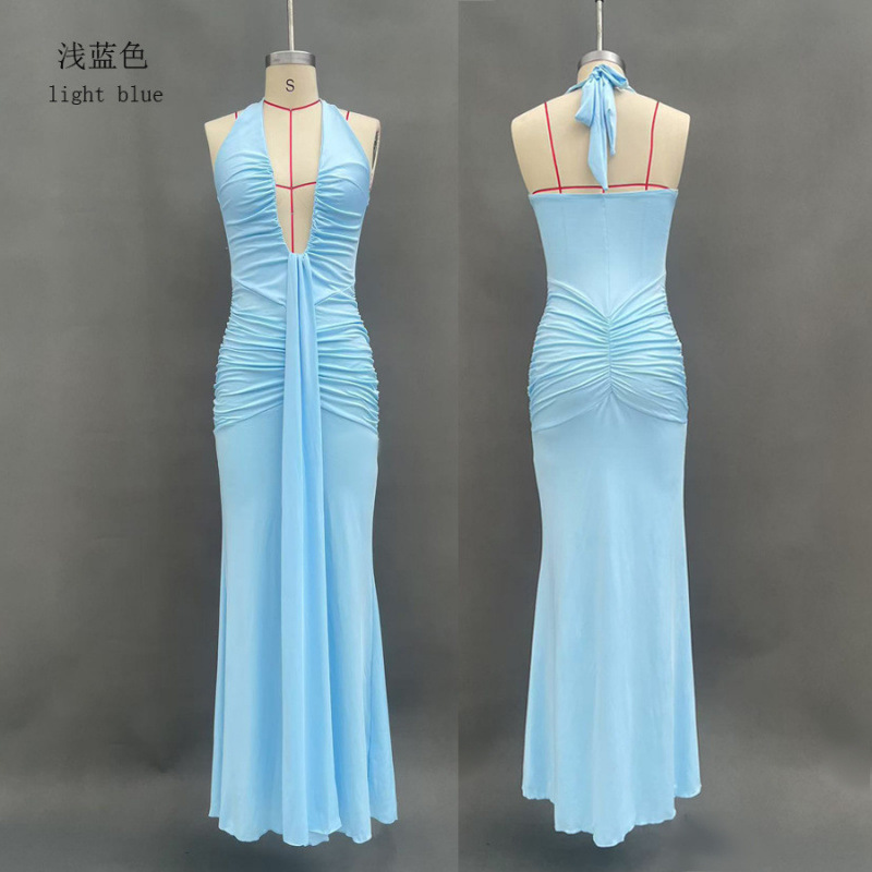 Solid Halter Deep V Mermaid Maxi Dress with Open Back and Tie