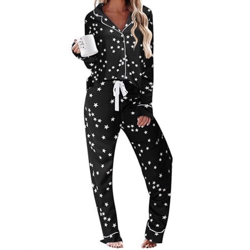 Women's Cuban Collar Star Floral Print Long Sleeve Shirt Set