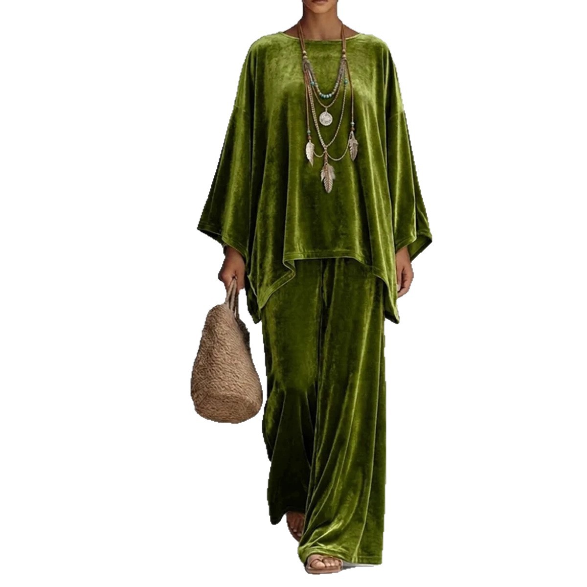 Women's Velvet Round Neck Long Sleeve Shirt and Wide Leg Pants Set
