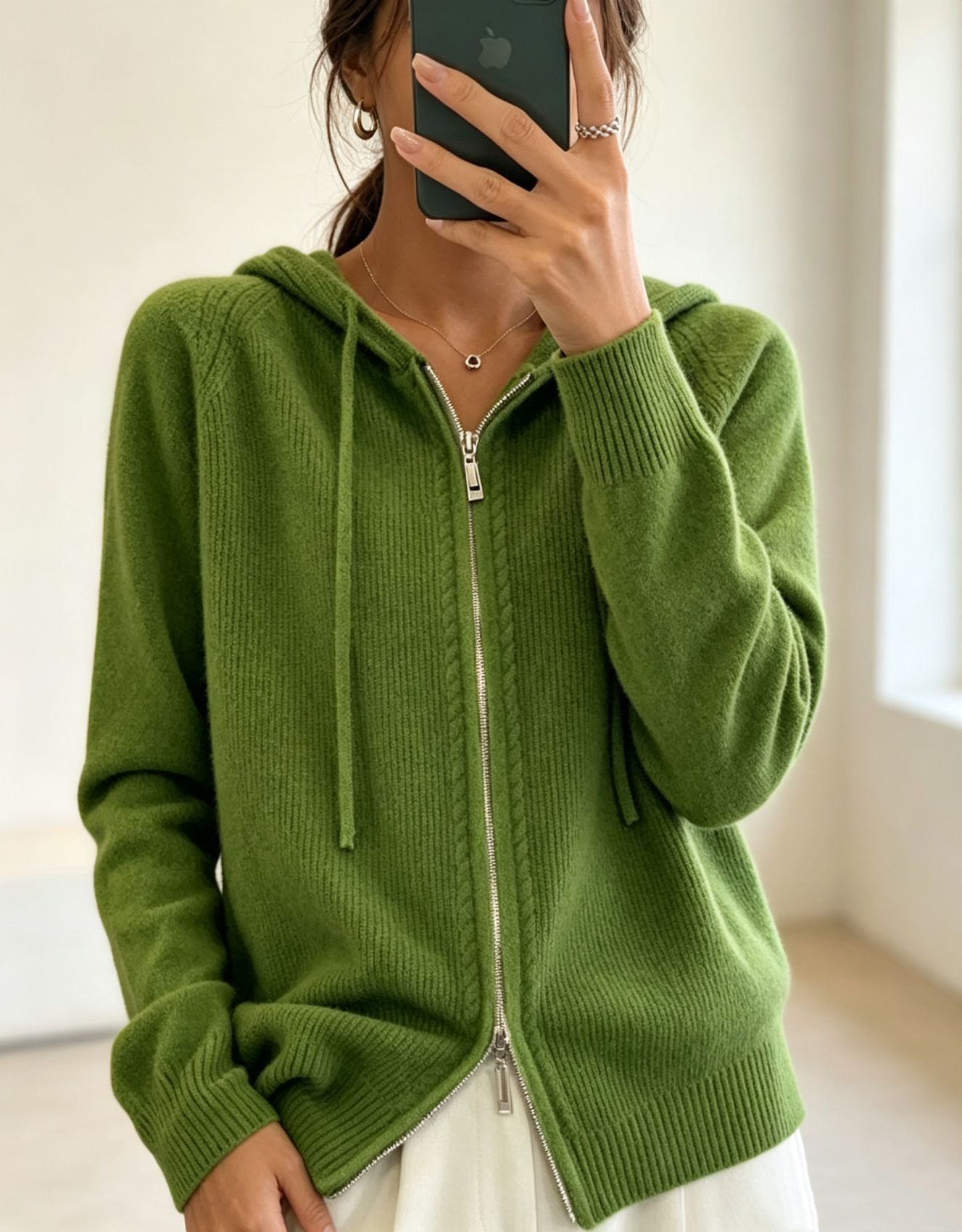 Women's Solid Hooded Faux Wool Cardigan Zip-Up Knit Sweater