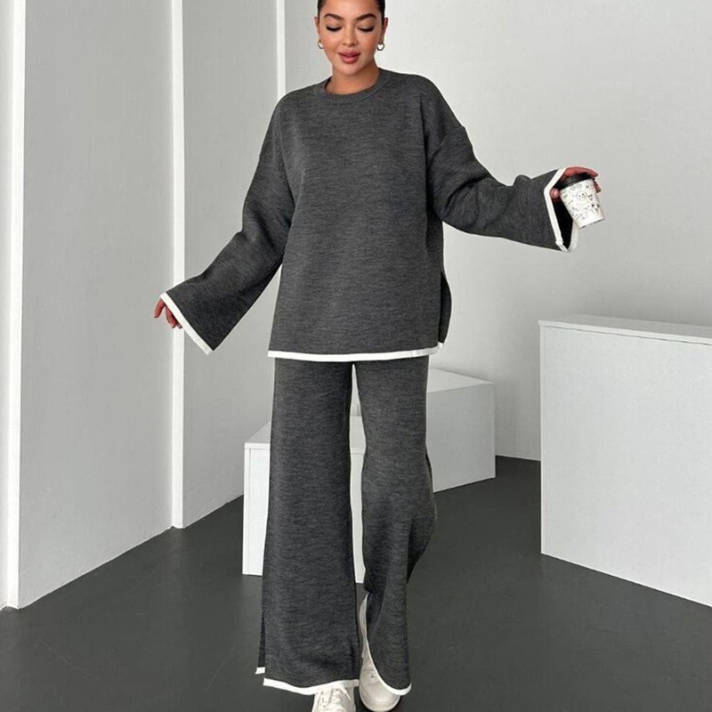 Women's Color-Block Long-Sleeve Split Top & Pants Two-Piece Set