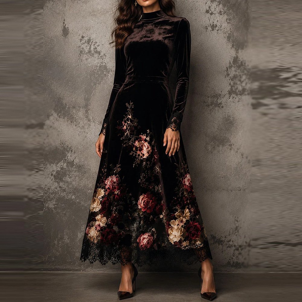 Black Floral Print Long Sleeve Maxi Dress with 3D Flowers
