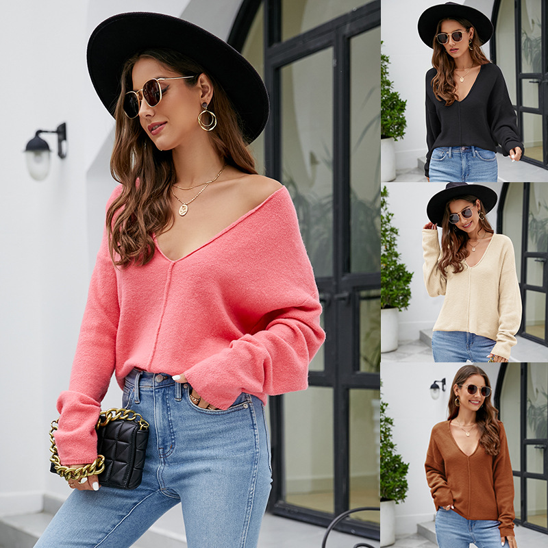 Women's Lazy Style Knit Sweater Loose Batwing Sleeve V-Neck Pullover