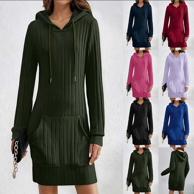 Hooded Sweatshirt Dress with Drawstring Kangaroo Pocket Long Sleeve Mini