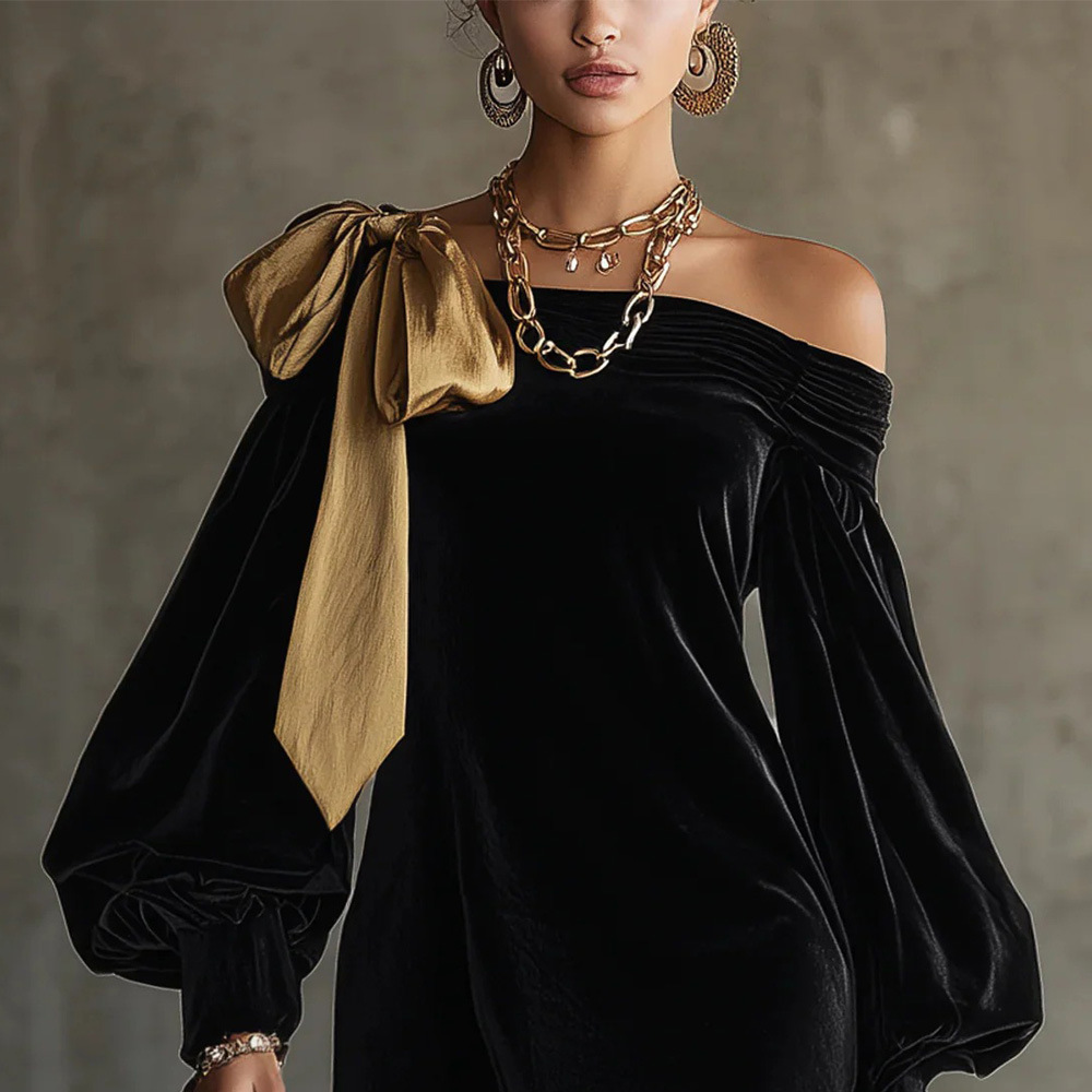 French-Style Black One-Shoulder A-Line Mini Dress with Lantern Sleeves