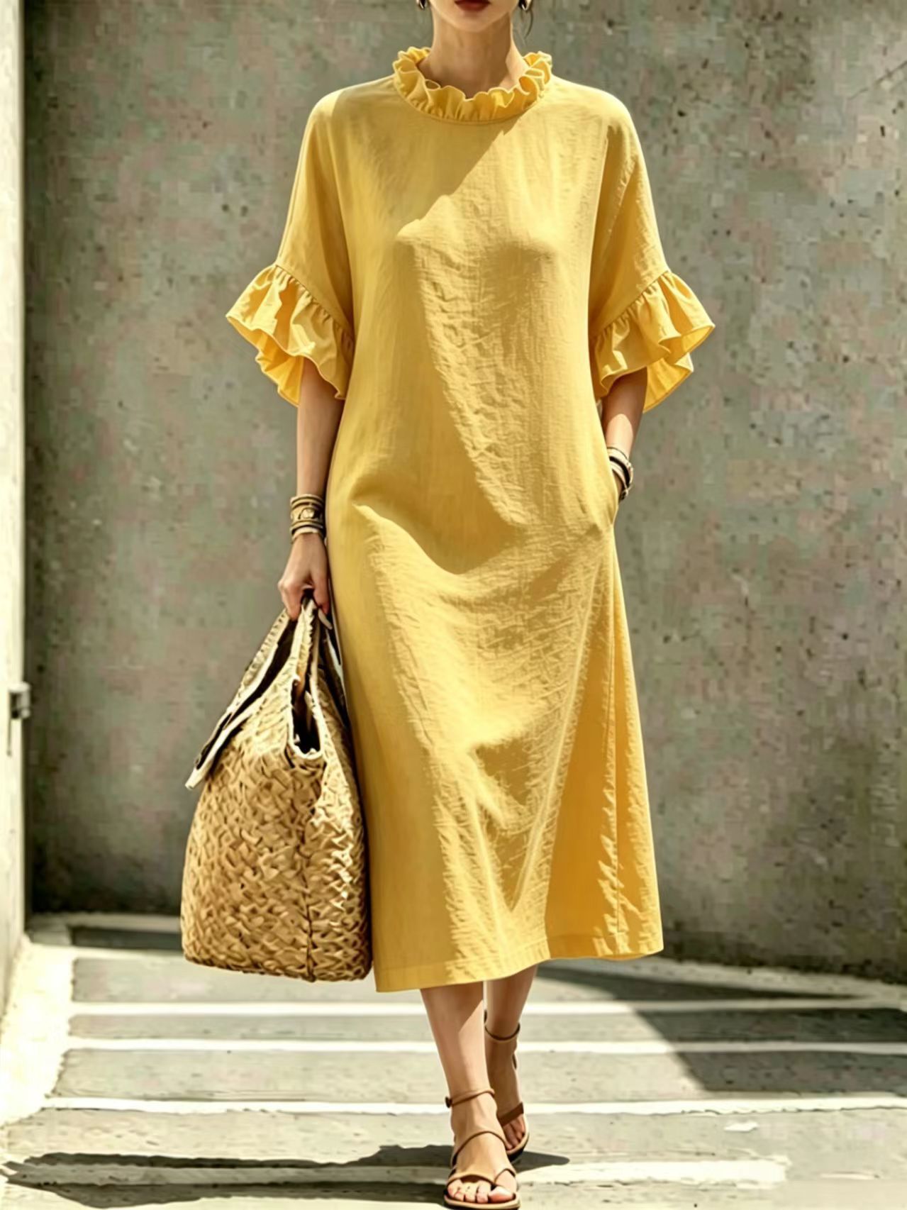 Ruffled Collar Petal Sleeve A-Line Midi Dress