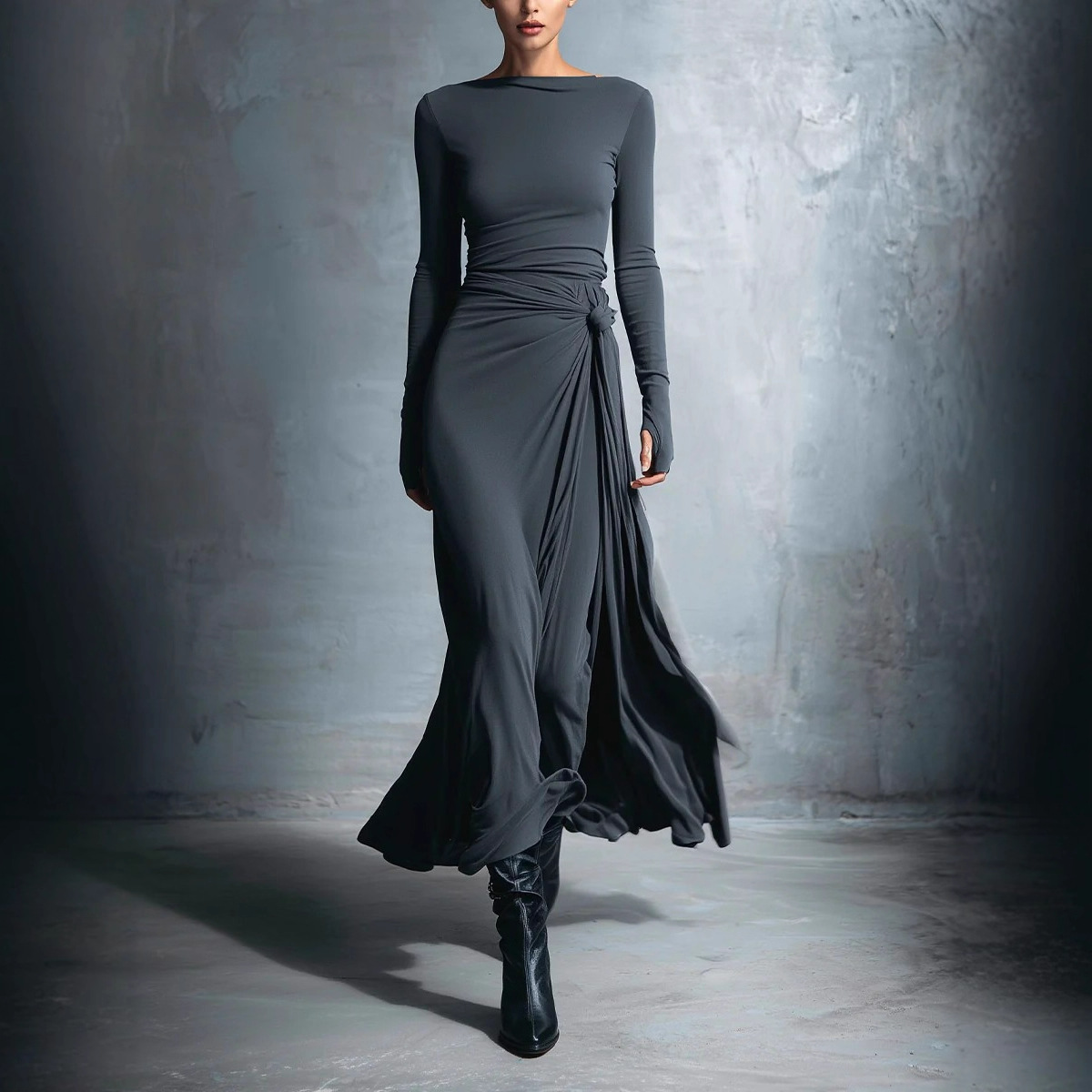Off-Shoulder Twist Waist Bodycon A-Line Long Dress