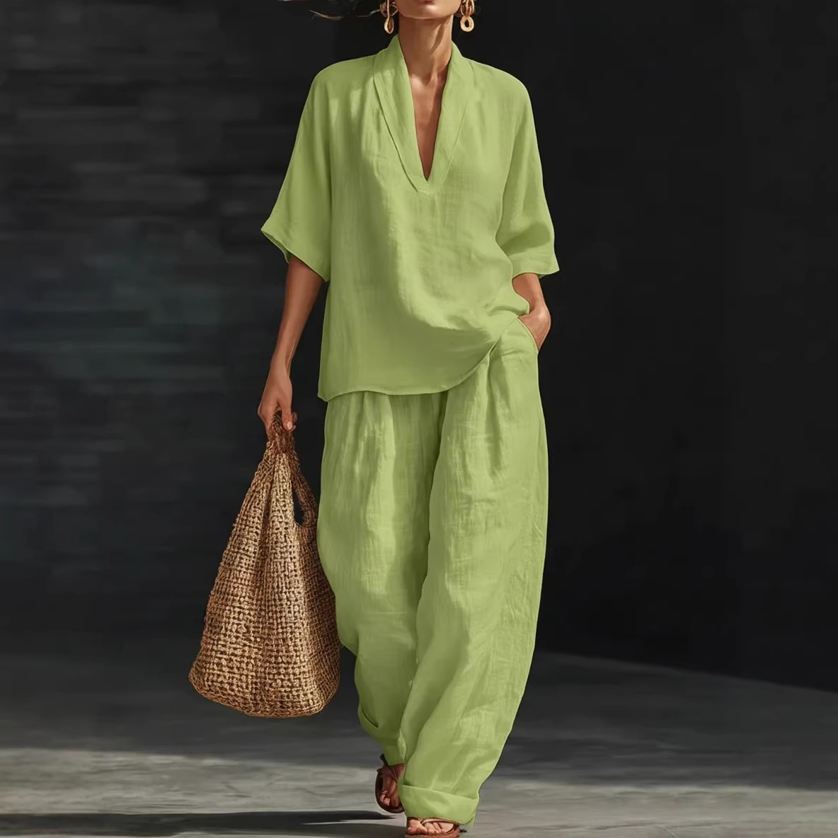 Women's Casual Linen Two-Piece Set Short Sleeve Tee & Pants