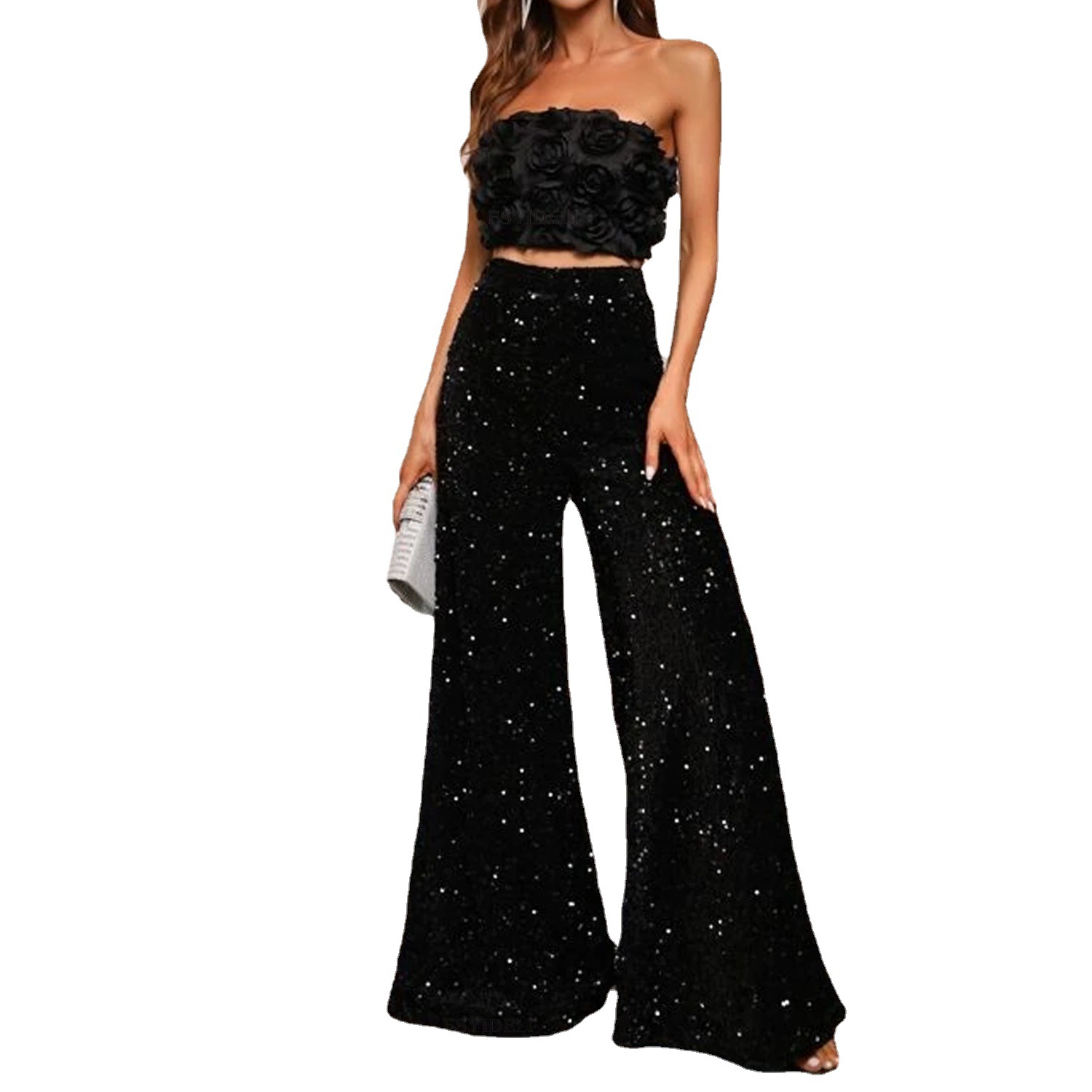 Women's Sequin Wide-Leg Pants Solid Color High-Waist Slimming