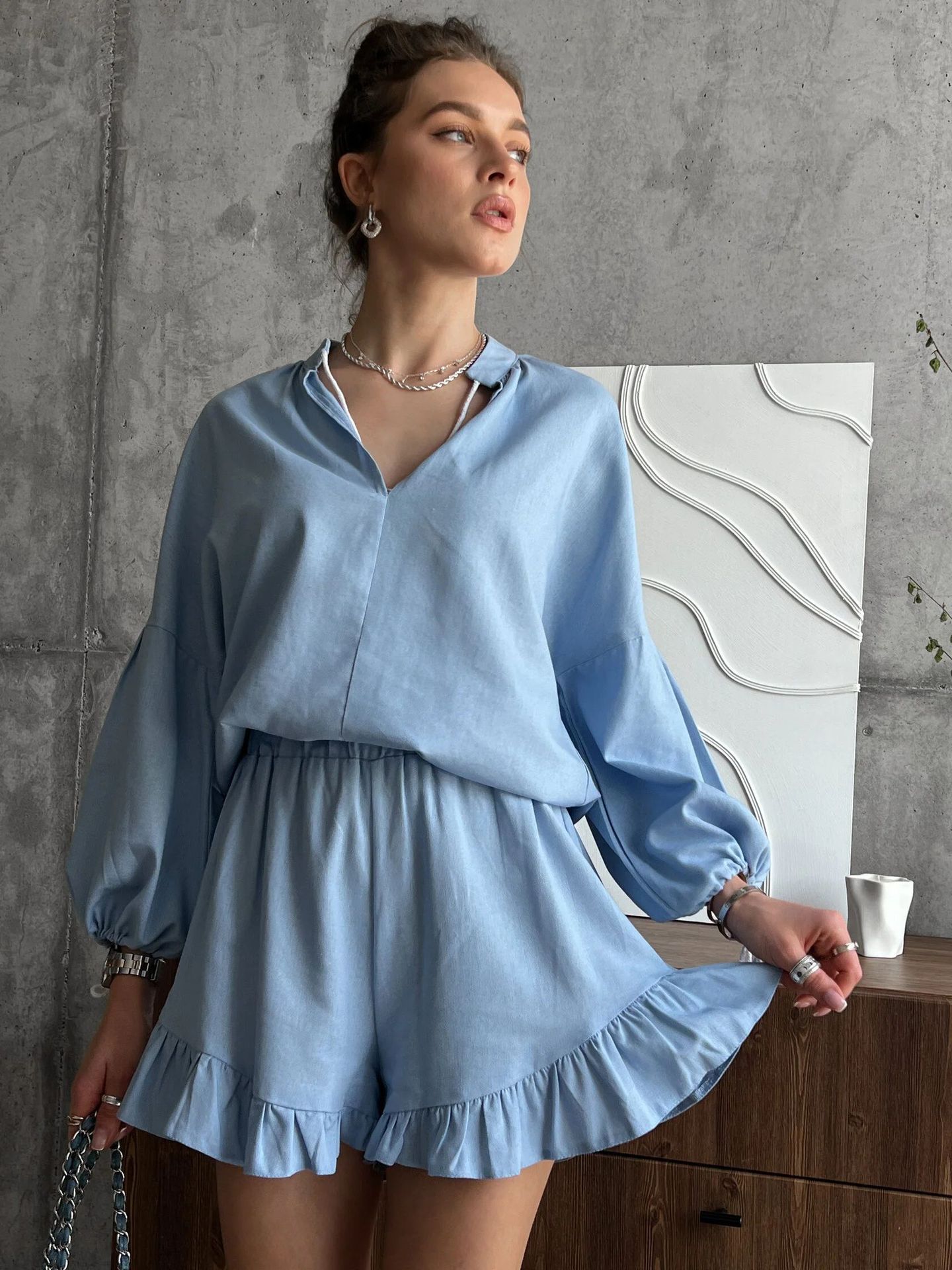 Women's Casual V-Neck Ruffle Top & Wide-Leg Pants Two-Piece Set