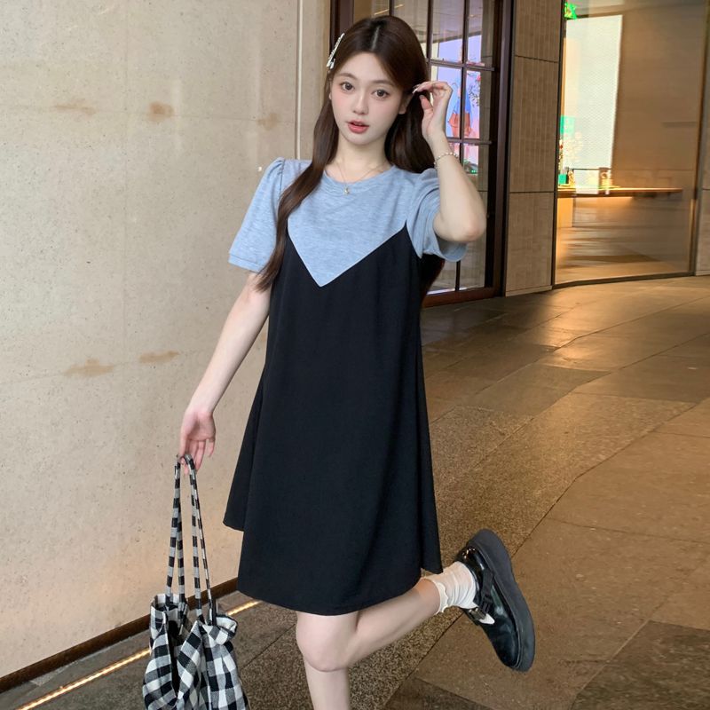 Color-Block Plus Size Short-Sleeve Midi Dress with Faux Two-Piece Design