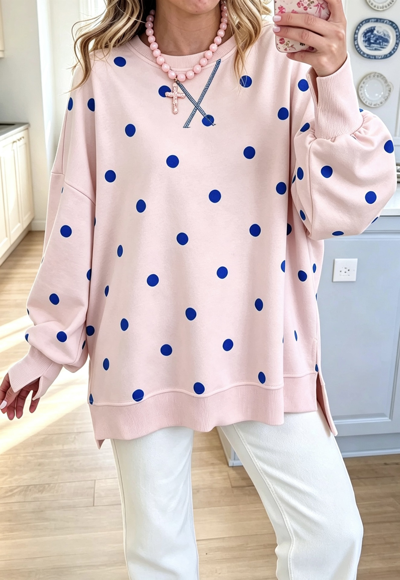 Polka Dot Print Long Sleeve Pullover Sweatshirt Loose Casual Shirt