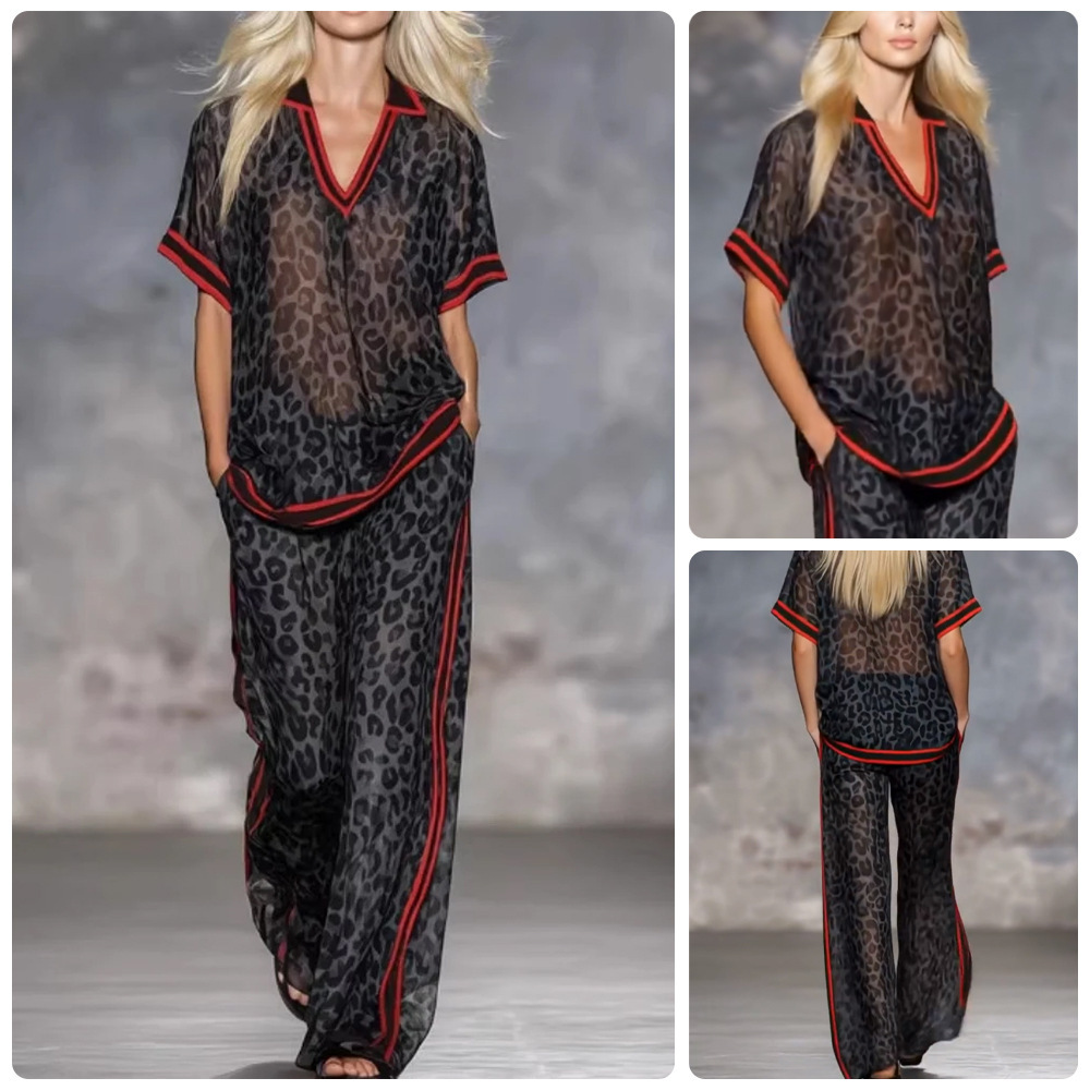 Leopard Print Color-Block Striped Loose Straight-Leg Pants Set