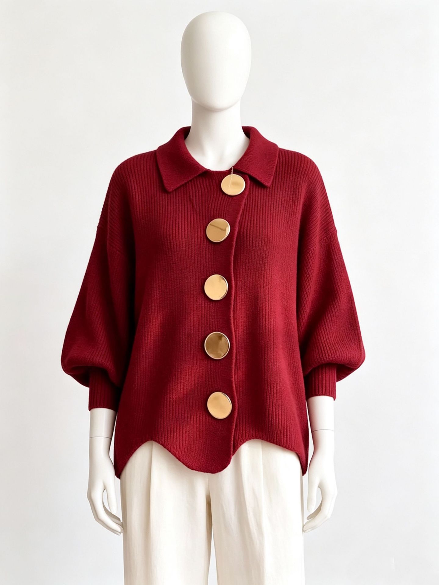 Oversized Knit Cardigan with Lapel Collar and Large Metal Buttons