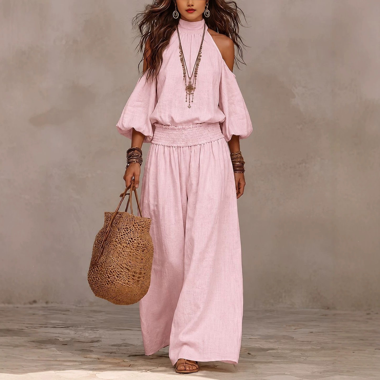 Women's Loose Long Sleeve Cutout Lantern Sleeve Two-Piece Set