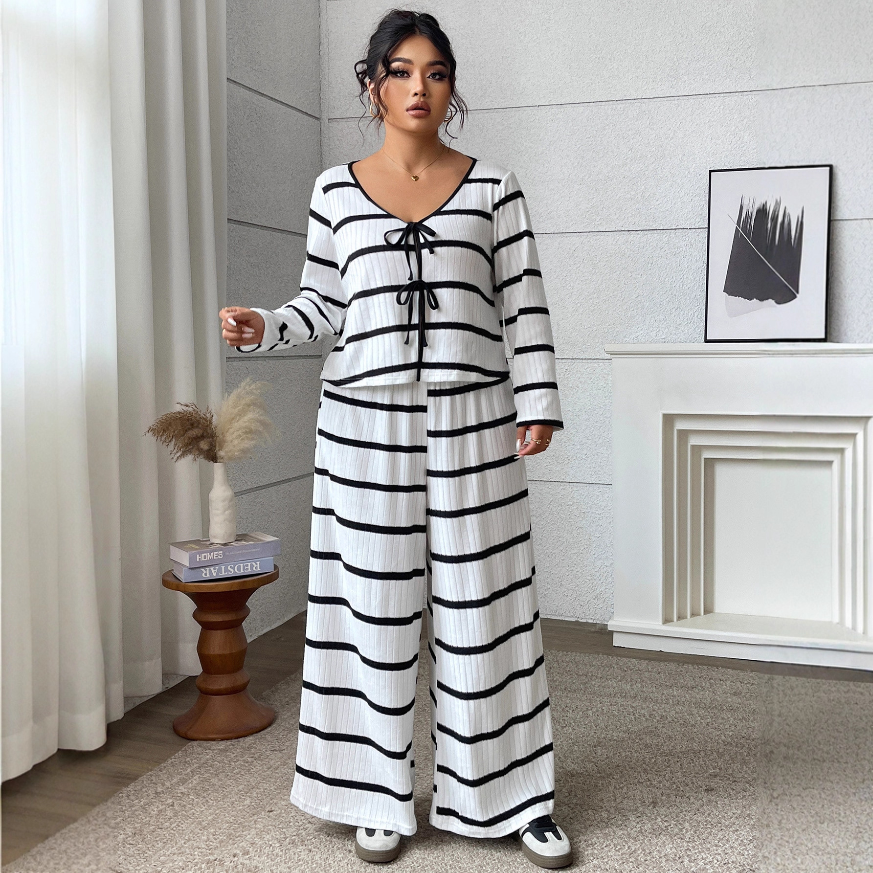 Striped Tie-Front Long-Sleeve Top and Wide-Leg Pants Set