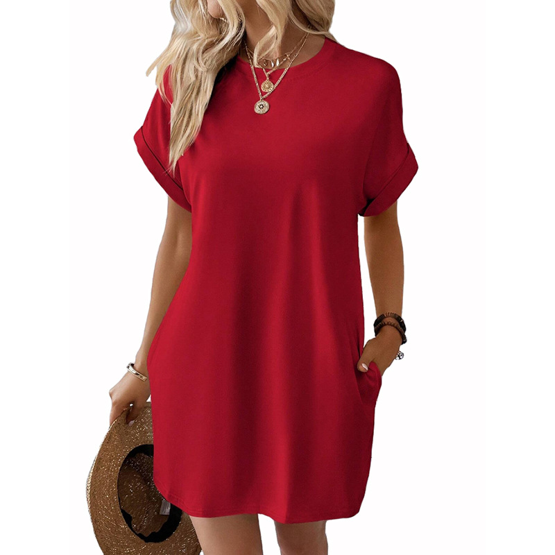 Women's Solid Crewneck Short Sleeve Pocket Midi Dress