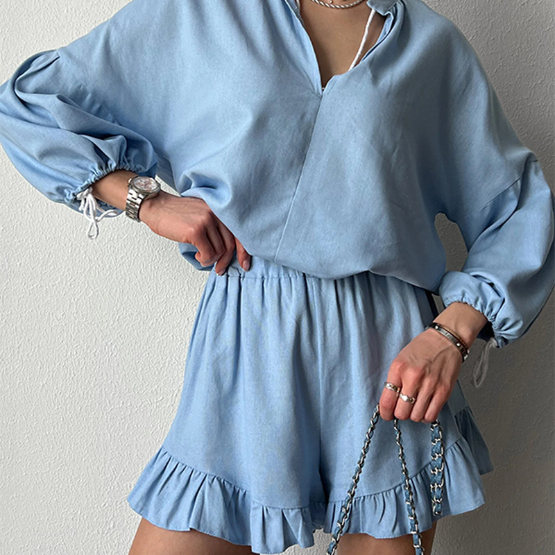 Women's Casual V-Neck Ruffle Top & Wide-Leg Pants Two-Piece Set