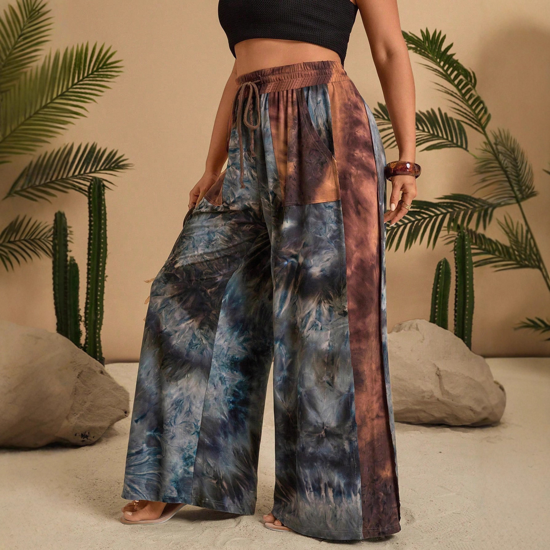 Bohemian Print High-Waist Wide-Leg Pants Gray Patchwork