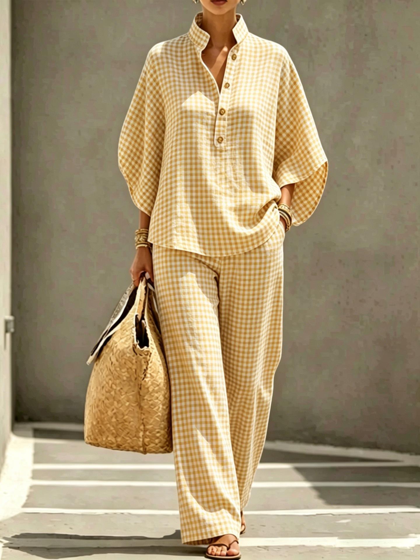 Women's Striped Plaid Print Long Sleeve Button Collared Top Set