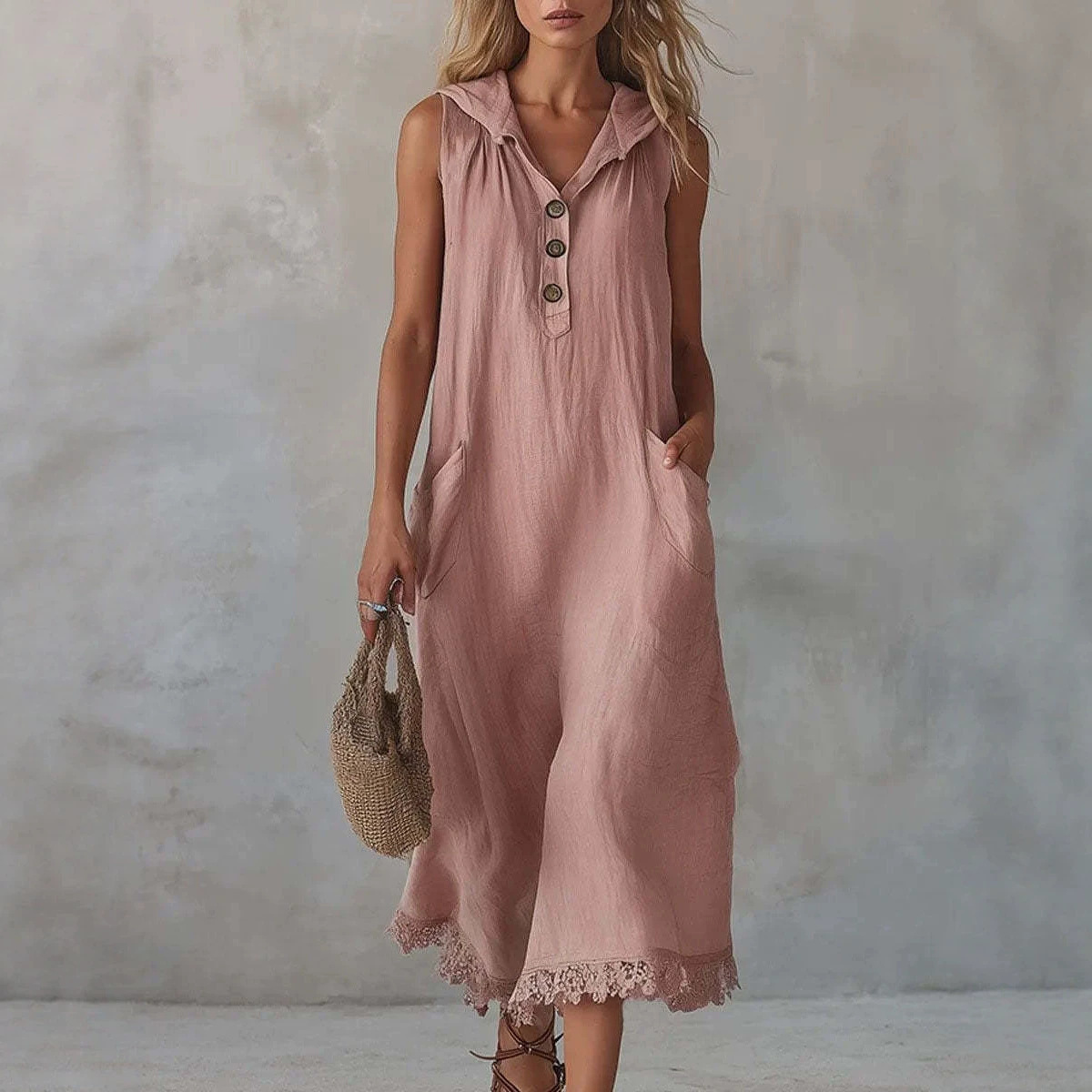 Women's Summer Hooded Dress Loose V-Neck Button Lace Trim Sleeveless Long Dress