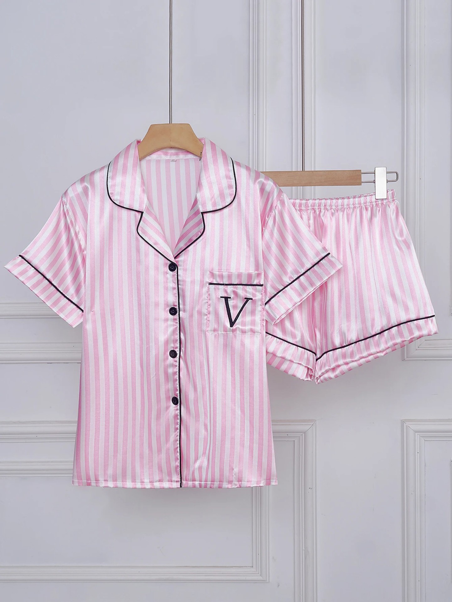 Women's Cuban Collar Striped Letter Short Sleeve Shirt Set
