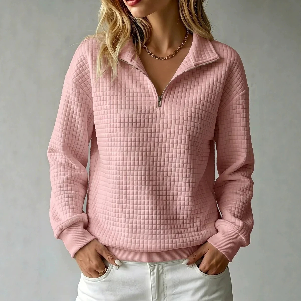 Women's Waffle Knit Zip-Up Long Sleeve Sweatshirt Solid Color Loose Fit