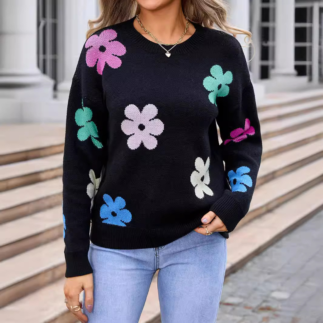 Floral Colorblock Crewneck Knit Sweater