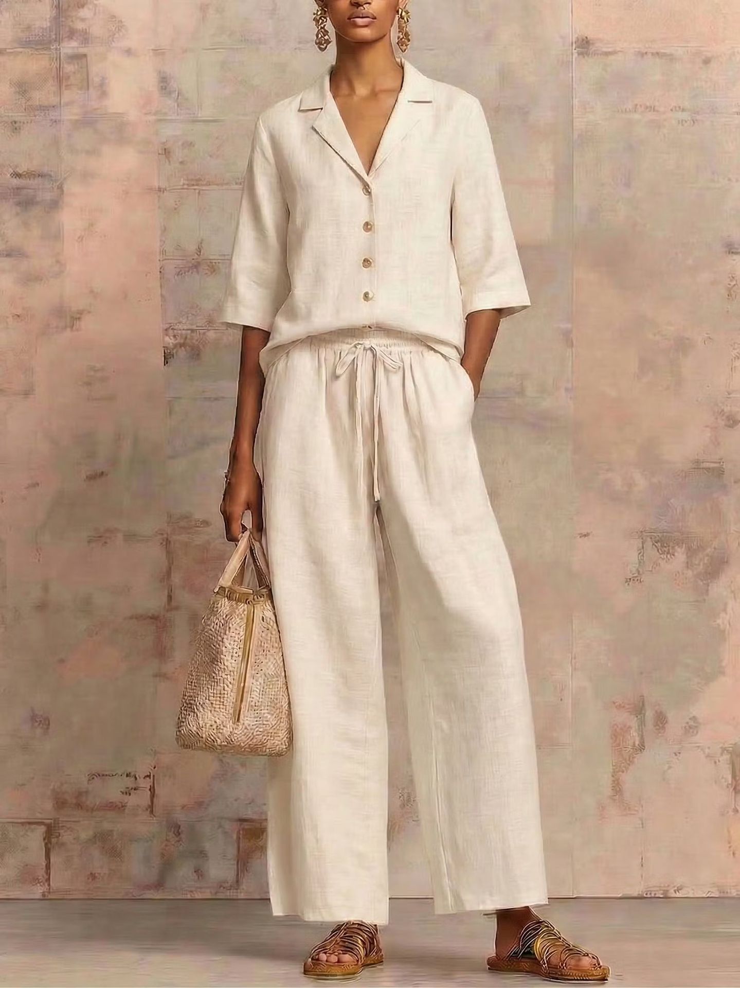 Women's Casual Solid Button Crew Neck Wide Leg Pants Set